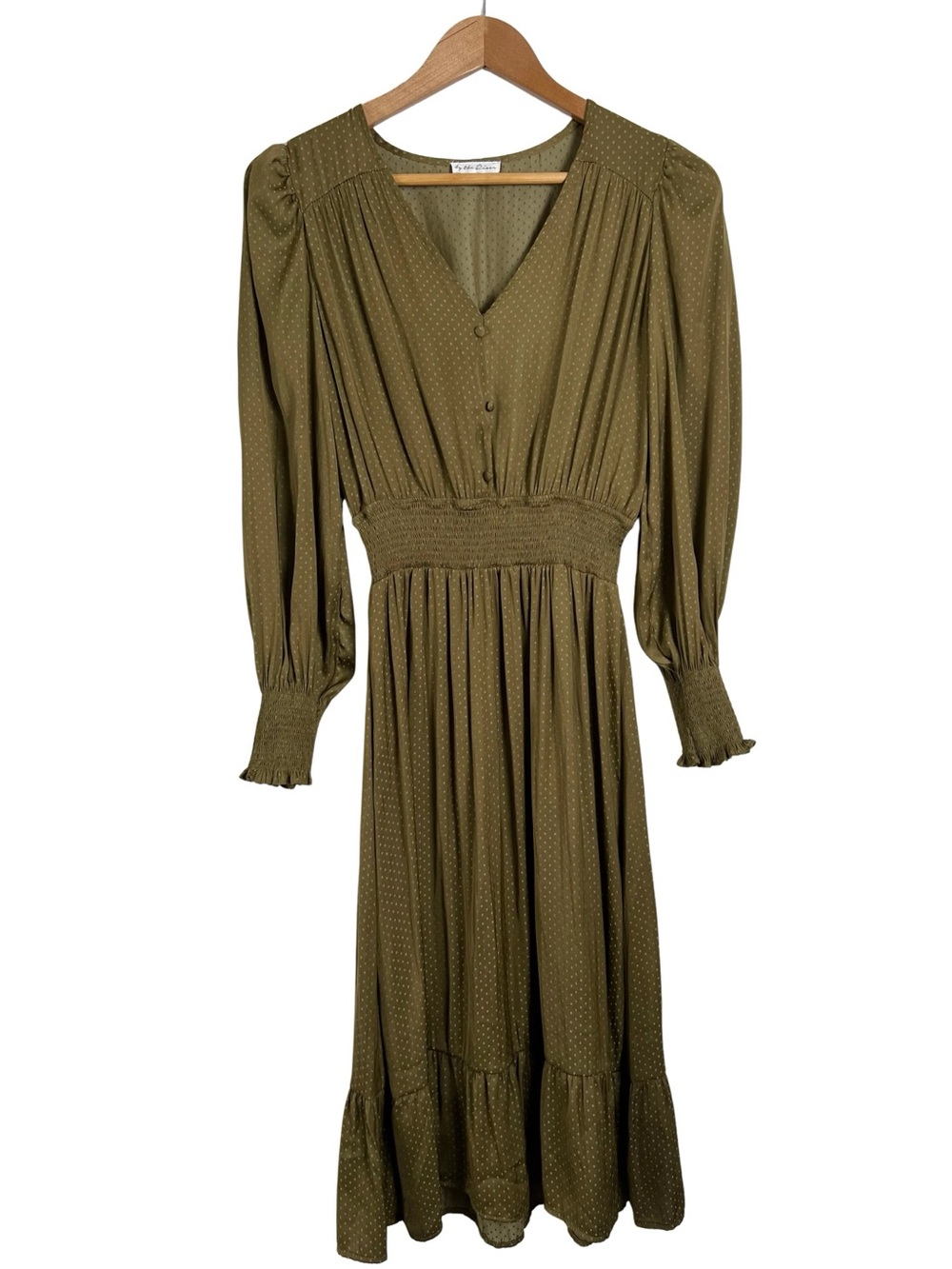 By The River Midi Dress Olive Green Swiss Dot Smocked Waist Medium